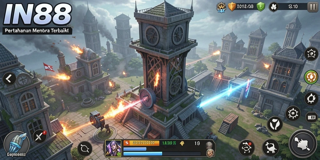 Gameplay seru IN88 dalam Tower Defense menampilkan pertarungan menara yang strategis.