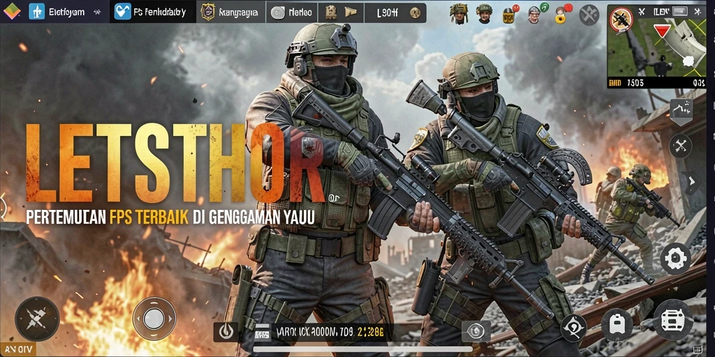 Tampilan gameplay mendebarkan dalam LETSTHOR dengan aksi FPS cepat.