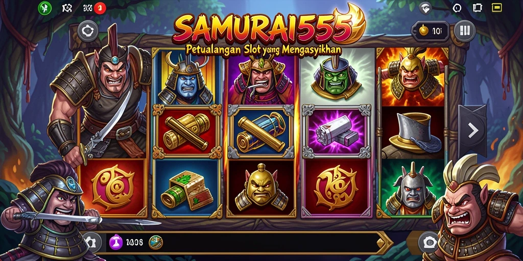 Tampilan gameplay menampilkan grafik dan simbol samurai yang menawan.