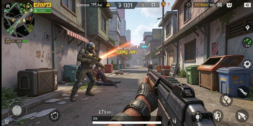 Screenshot dari aksi menegangkan di SAYAP33 yang menampilkan gameplay TPS.