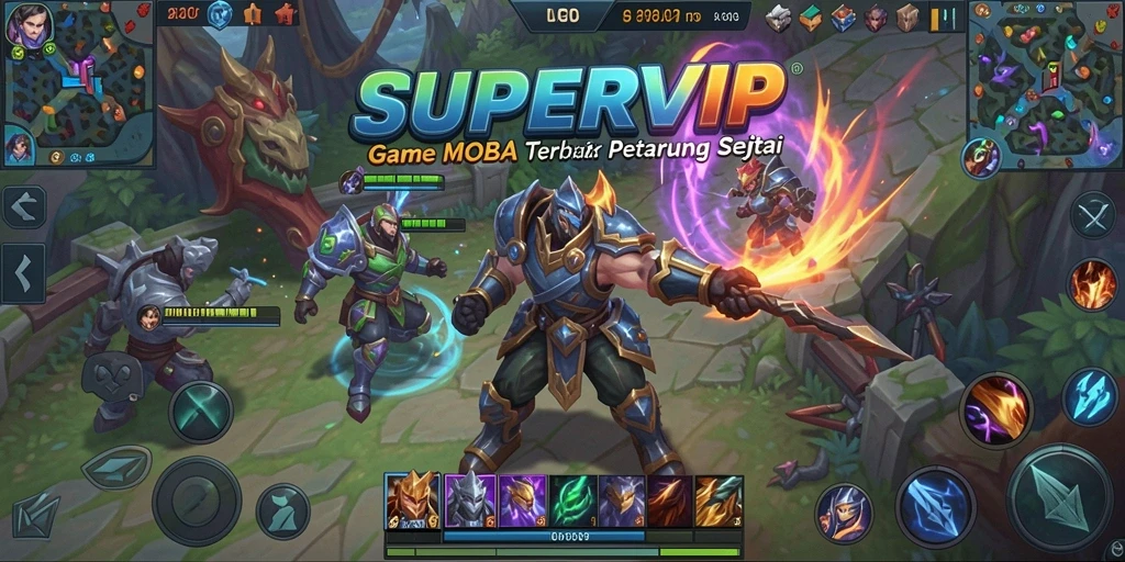 Screenshot utama SUPERVIP menampilkan pertarungan intens dalam game MOBA.